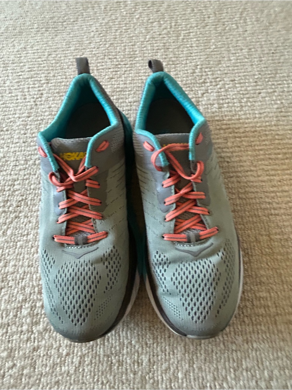 Hoka One One Gray Athletic Sneakers with Coral Laces and Teal Lining - Women's